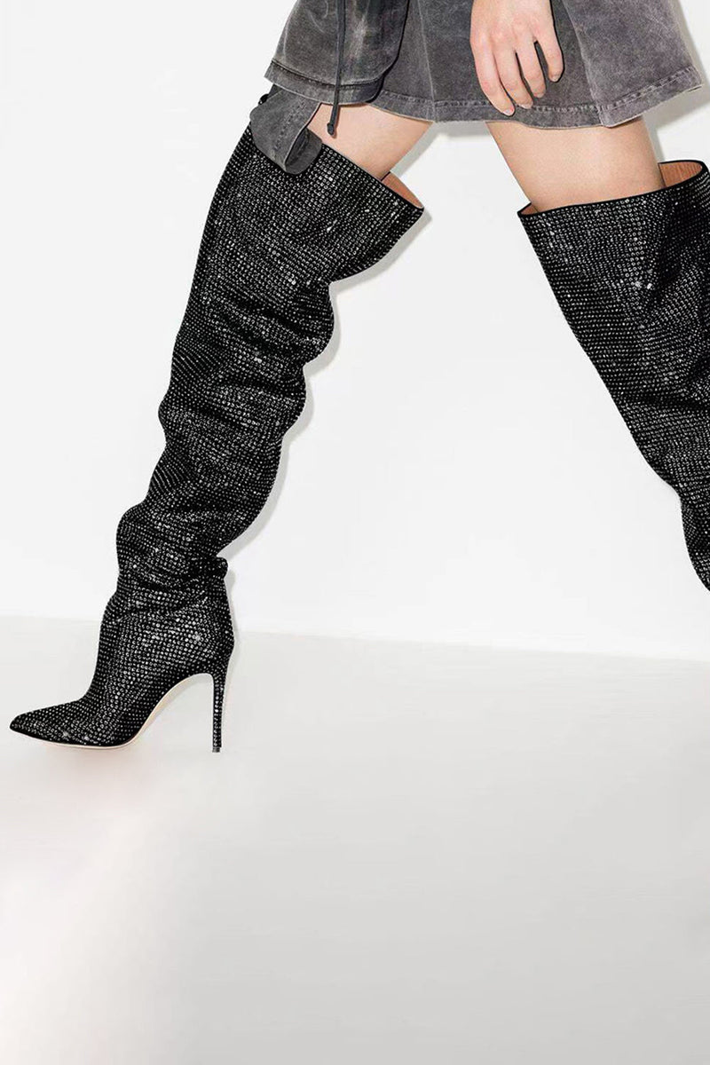 Load image into Gallery viewer, Sparkly Sequin Silver Stilettos Prom Thigh Boots