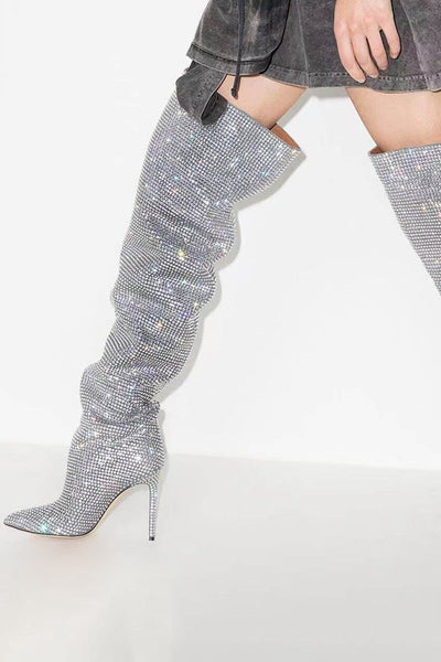 Sparkly Sequin Silver Stilettos Prom Thigh Boots
