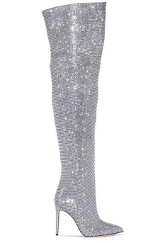 Sparkly Sequin Silver Stilettos Prom Thigh Boots