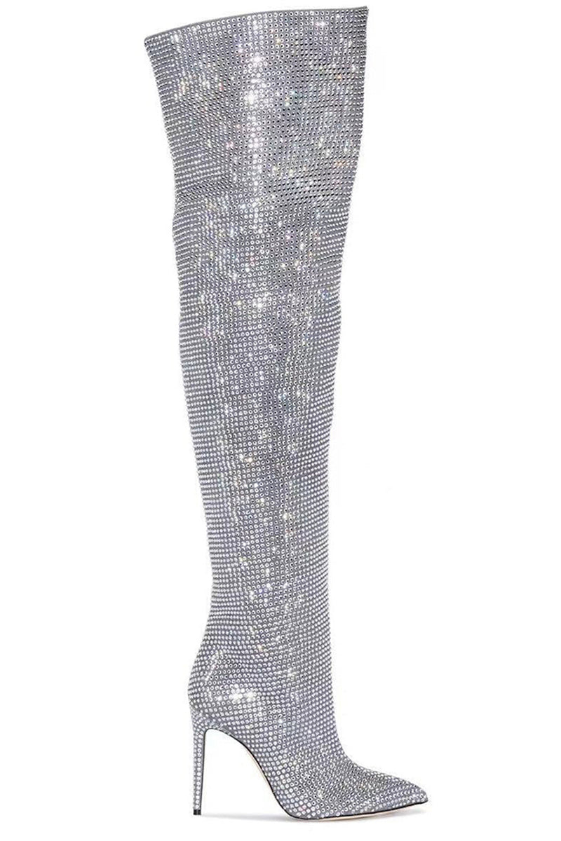Load image into Gallery viewer, Sparkly Sequin Silver Stilettos Prom Thigh Boots