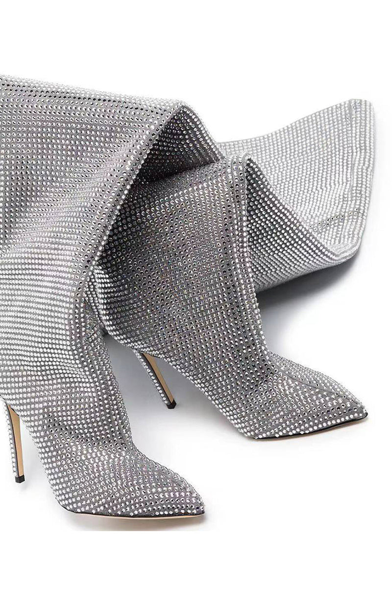 Load image into Gallery viewer, Sparkly Sequin Silver Stilettos Prom Thigh Boots