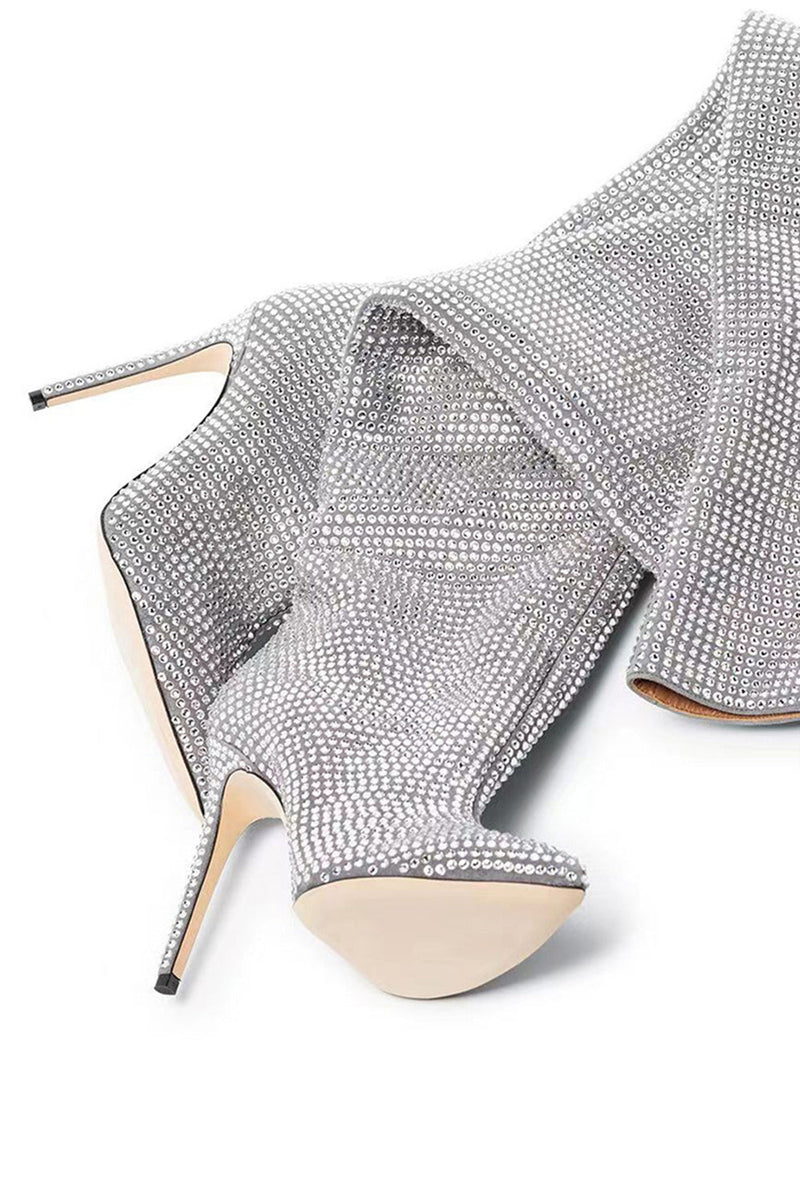 Load image into Gallery viewer, Sparkly Sequin Silver Stilettos Prom Thigh Boots