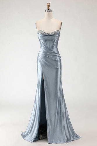 Sparkly Grey Blue Mermaid Beaded Corset Long Prom Dress with Slit