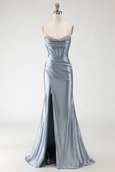 Sparkly Grey Blue Mermaid Beaded Corset Long Prom Dress with Slit
