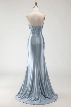 Sparkly Grey Blue Mermaid Beaded Corset Long Prom Dress with Slit