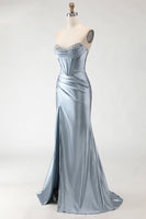 Load image into Gallery viewer, Sparkly Grey Blue Mermaid Beaded Corset Long Prom Dress with Slit