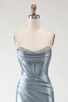 Load image into Gallery viewer, Sparkly Grey Blue Mermaid Beaded Corset Long Prom Dress with Slit