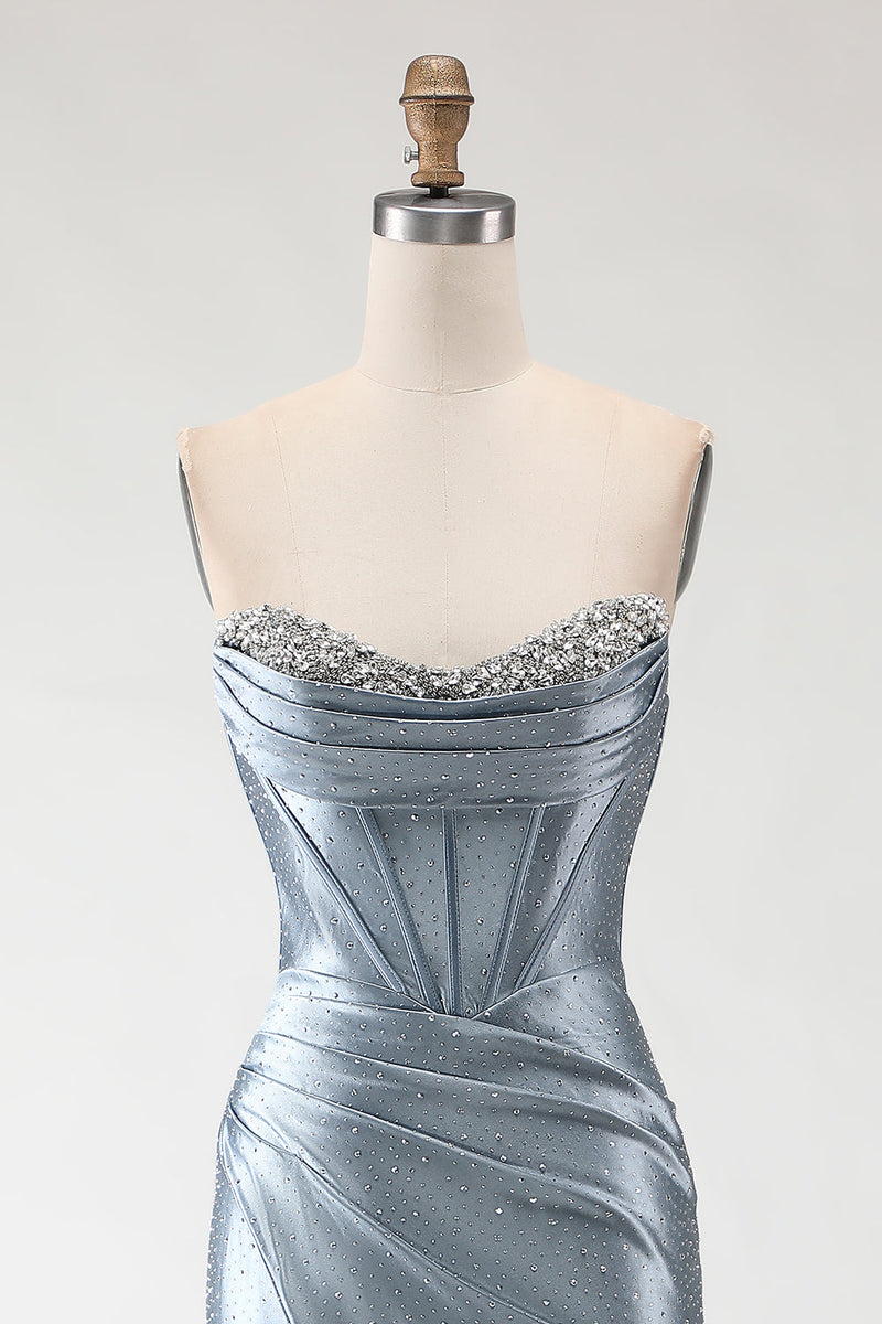 Load image into Gallery viewer, Sparkly Grey Blue Mermaid Beaded Corset Long Prom Dress with Slit