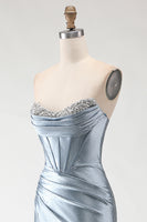 Load image into Gallery viewer, Sparkly Grey Blue Mermaid Beaded Corset Long Prom Dress with Slit