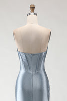 Load image into Gallery viewer, Sparkly Grey Blue Mermaid Beaded Corset Long Prom Dress with Slit