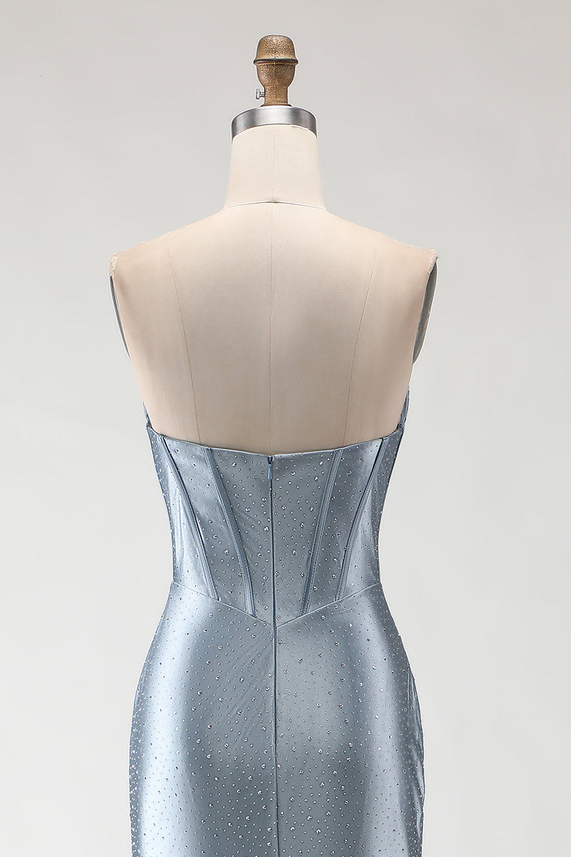 Load image into Gallery viewer, Sparkly Grey Blue Mermaid Beaded Corset Long Prom Dress with Slit