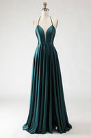 Load image into Gallery viewer, Sparkly Dark Green Halter A Line Long Prom Dress with Slit