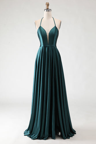 Sparkly Dark Green Halter A Line Long Prom Dress with Slit