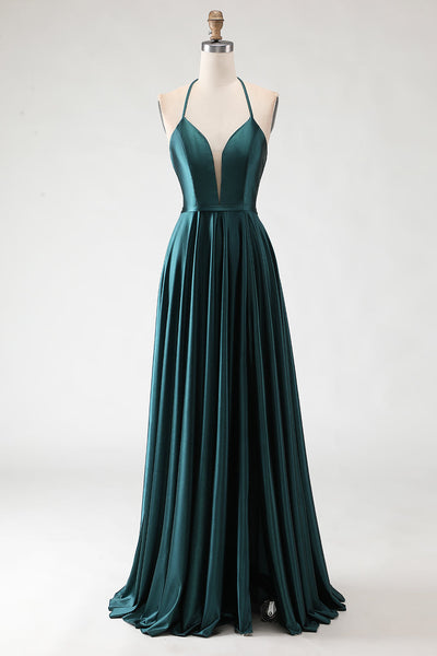 Sparkly Dark Green Halter A Line Long Prom Dress with Slit