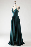 Load image into Gallery viewer, Sparkly Dark Green Halter A Line Long Prom Dress with Slit