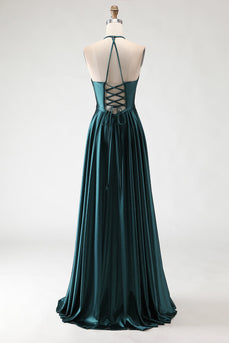 Sparkly Dark Green Halter A Line Long Prom Dress with Slit