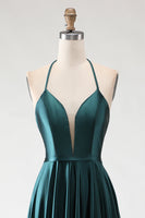Load image into Gallery viewer, Sparkly Dark Green Halter A Line Long Prom Dress with Slit