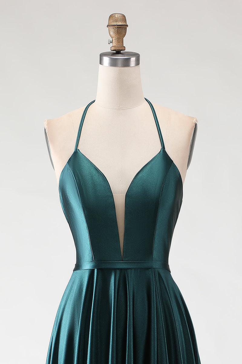Load image into Gallery viewer, Sparkly Dark Green Halter A Line Long Prom Dress with Slit