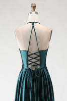 Load image into Gallery viewer, Sparkly Dark Green Halter A Line Long Prom Dress with Slit