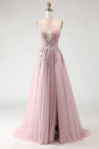 Sparkly Blush Pink Tulle Appliqued A-Line Long Prom Dress
