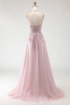 Sparkly Blush Pink Tulle Appliqued A-Line Long Prom Dress
