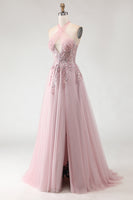 Load image into Gallery viewer, Sparkly Blush Pink Tulle Appliqued A-Line Long Prom Dress