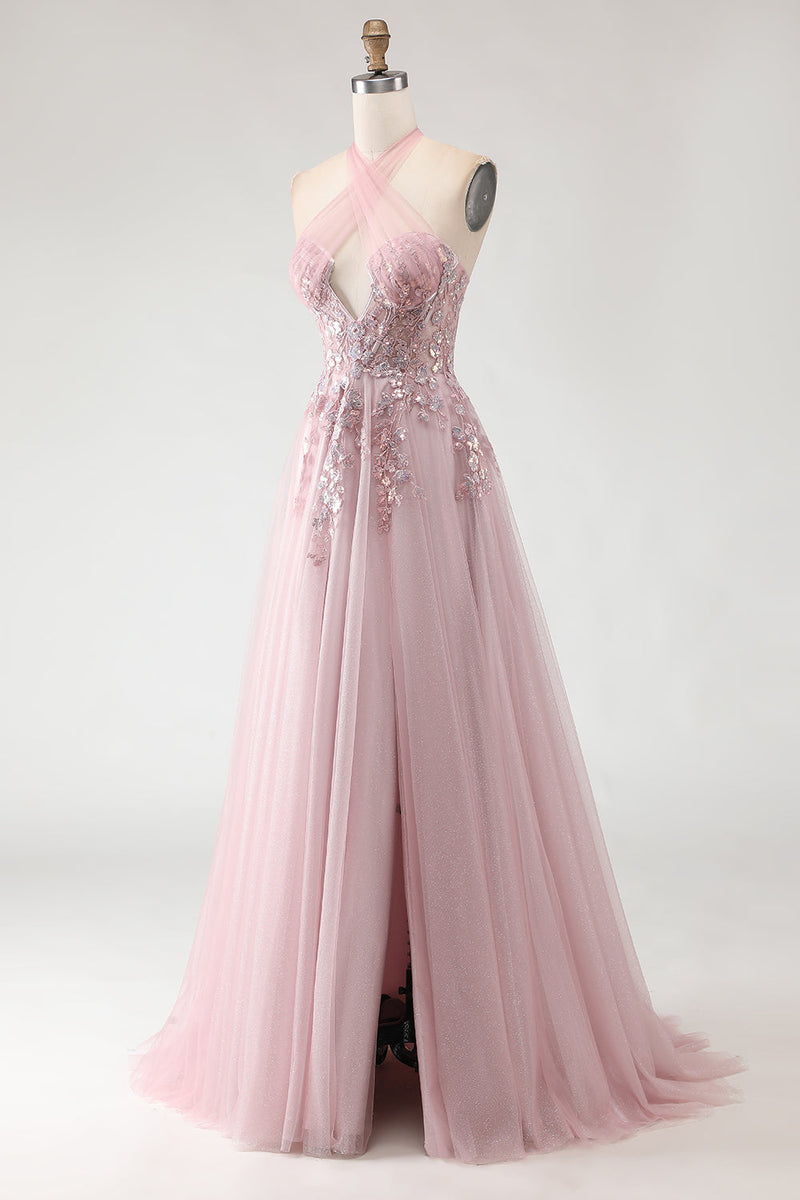 Load image into Gallery viewer, Sparkly Blush Pink Tulle Appliqued A-Line Long Prom Dress