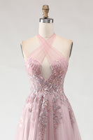 Load image into Gallery viewer, Sparkly Blush Pink Tulle Appliqued A-Line Long Prom Dress
