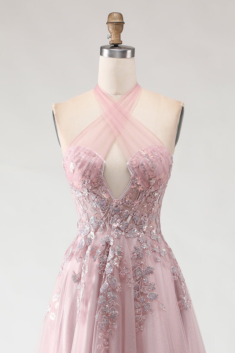 Load image into Gallery viewer, Sparkly Blush Pink Tulle Appliqued A-Line Long Prom Dress