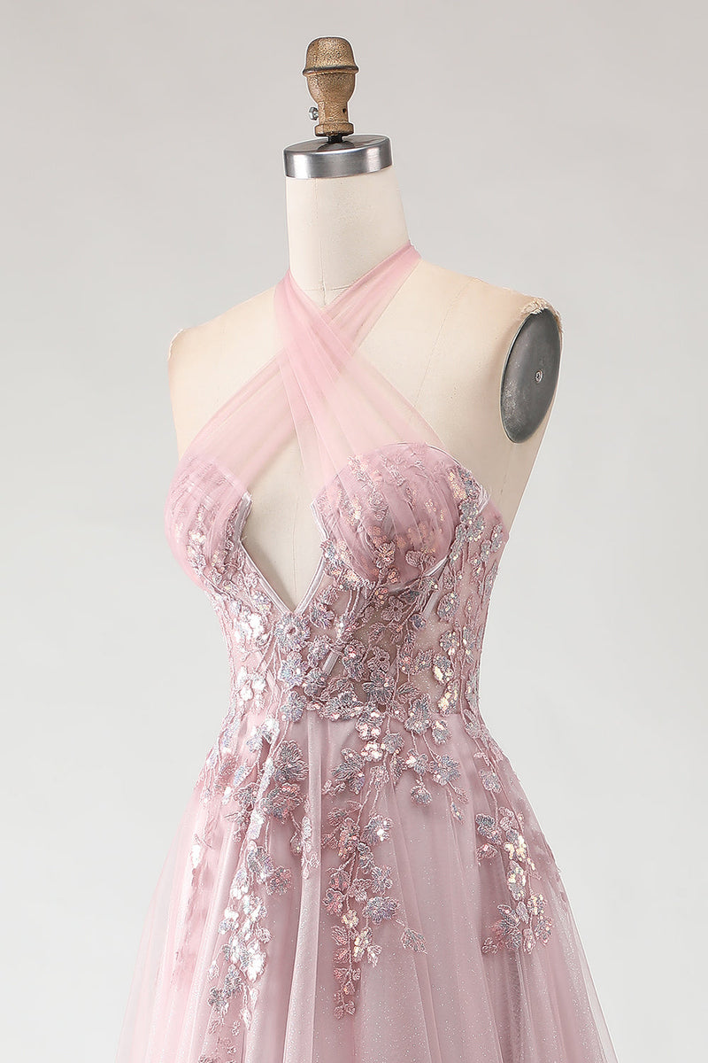 Load image into Gallery viewer, Sparkly Blush Pink Tulle Appliqued A-Line Long Prom Dress