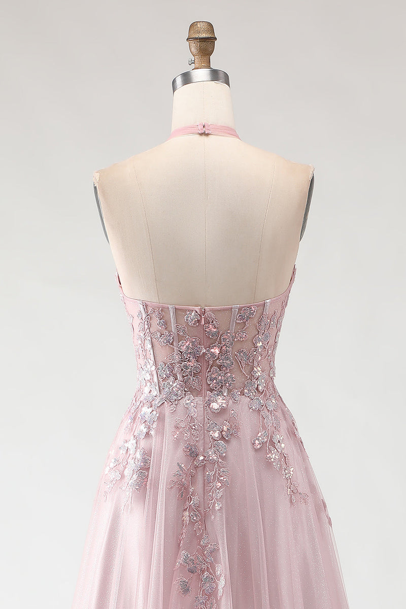 Load image into Gallery viewer, Sparkly Blush Pink Tulle Appliqued A-Line Long Prom Dress