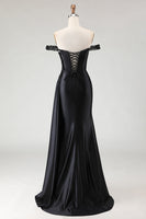 Load image into Gallery viewer, Sparkly Black Mermaid Off the Shoulder Long Prom Dress with Slit