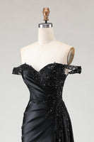 Load image into Gallery viewer, Sparkly Black Mermaid Off the Shoulder Long Prom Dress with Slit