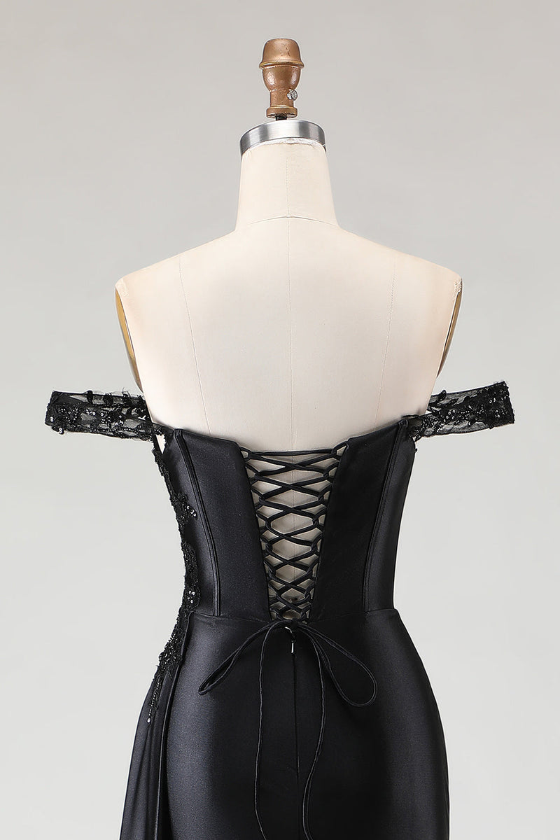 Load image into Gallery viewer, Sparkly Black Mermaid Off the Shoulder Long Prom Dress with Slit