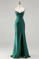 Load image into Gallery viewer, Sparkly Dark Green Mermaid Corset Long Prom Dress with Slit