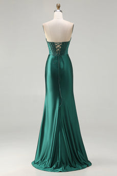 Sparkly Dark Green Mermaid Corset Long Prom Dress with Slit