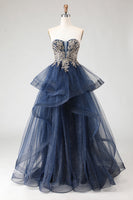 Load image into Gallery viewer, Sparkly Floral Navy Ruffled A Line Long Prom Dress with Appliques