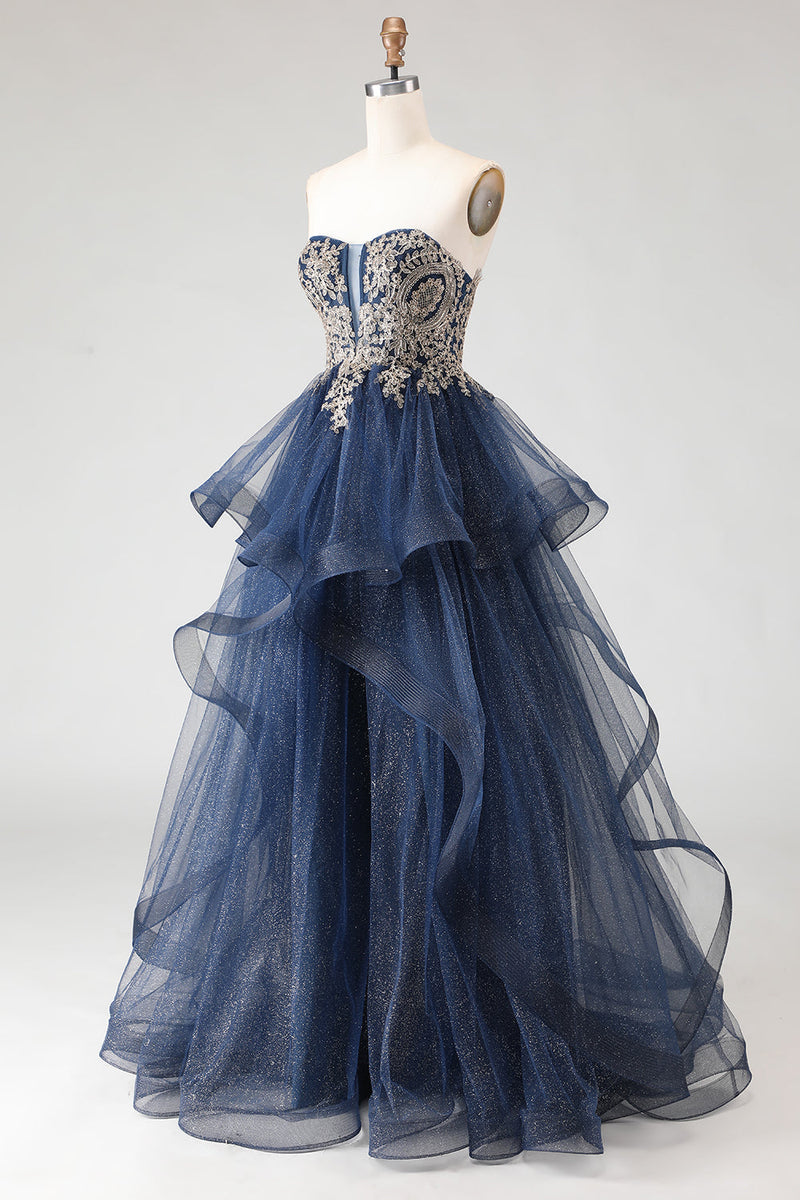 Load image into Gallery viewer, Sparkly Floral Navy Ruffled A Line Long Prom Dress with Appliques