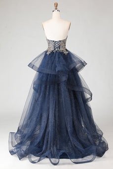 Sparkly Floral Navy Ruffled A Line Long Prom Dress with Appliques
