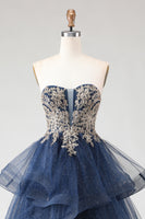 Load image into Gallery viewer, Sparkly Floral Navy Ruffled A Line Long Prom Dress with Appliques