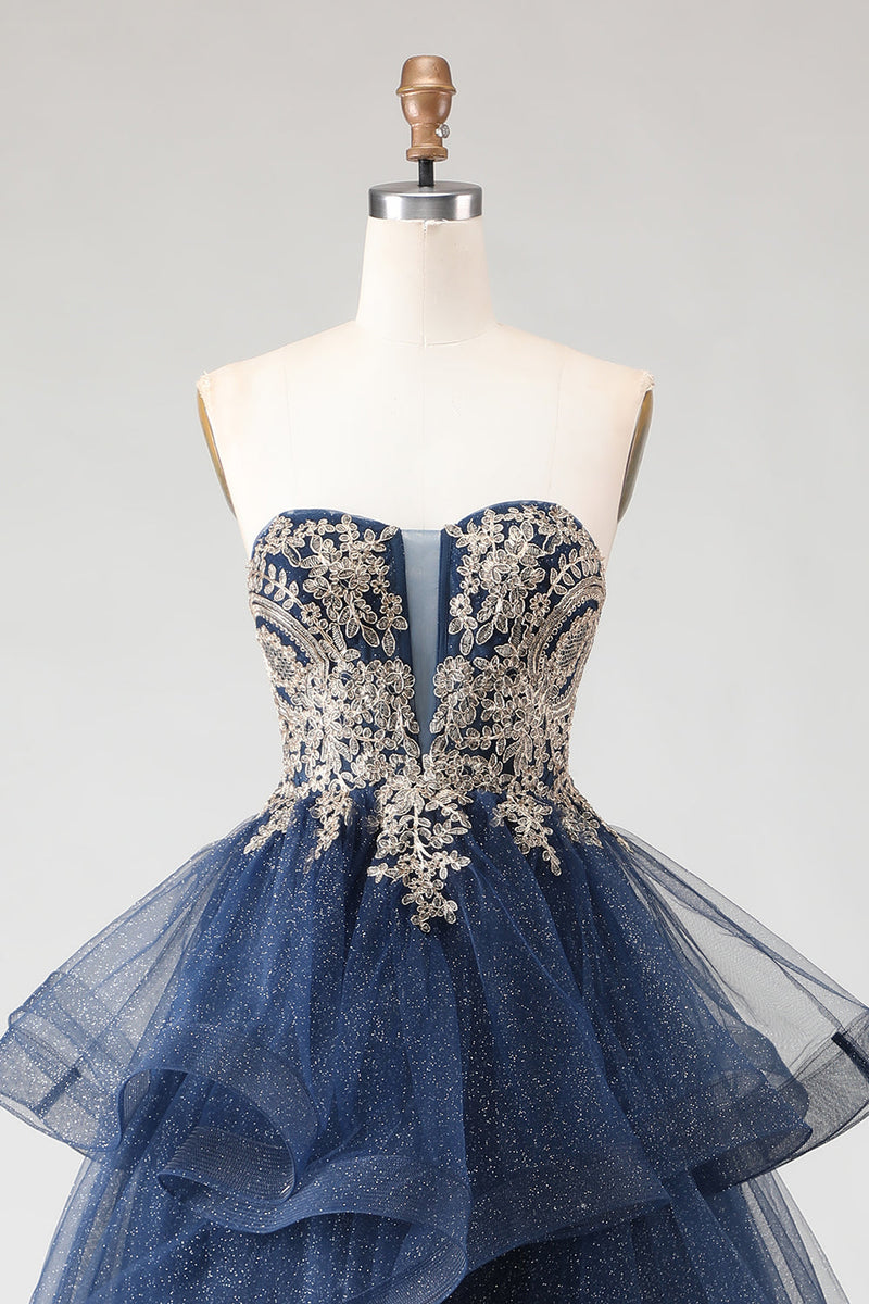 Load image into Gallery viewer, Sparkly Floral Navy Ruffled A Line Long Prom Dress with Appliques