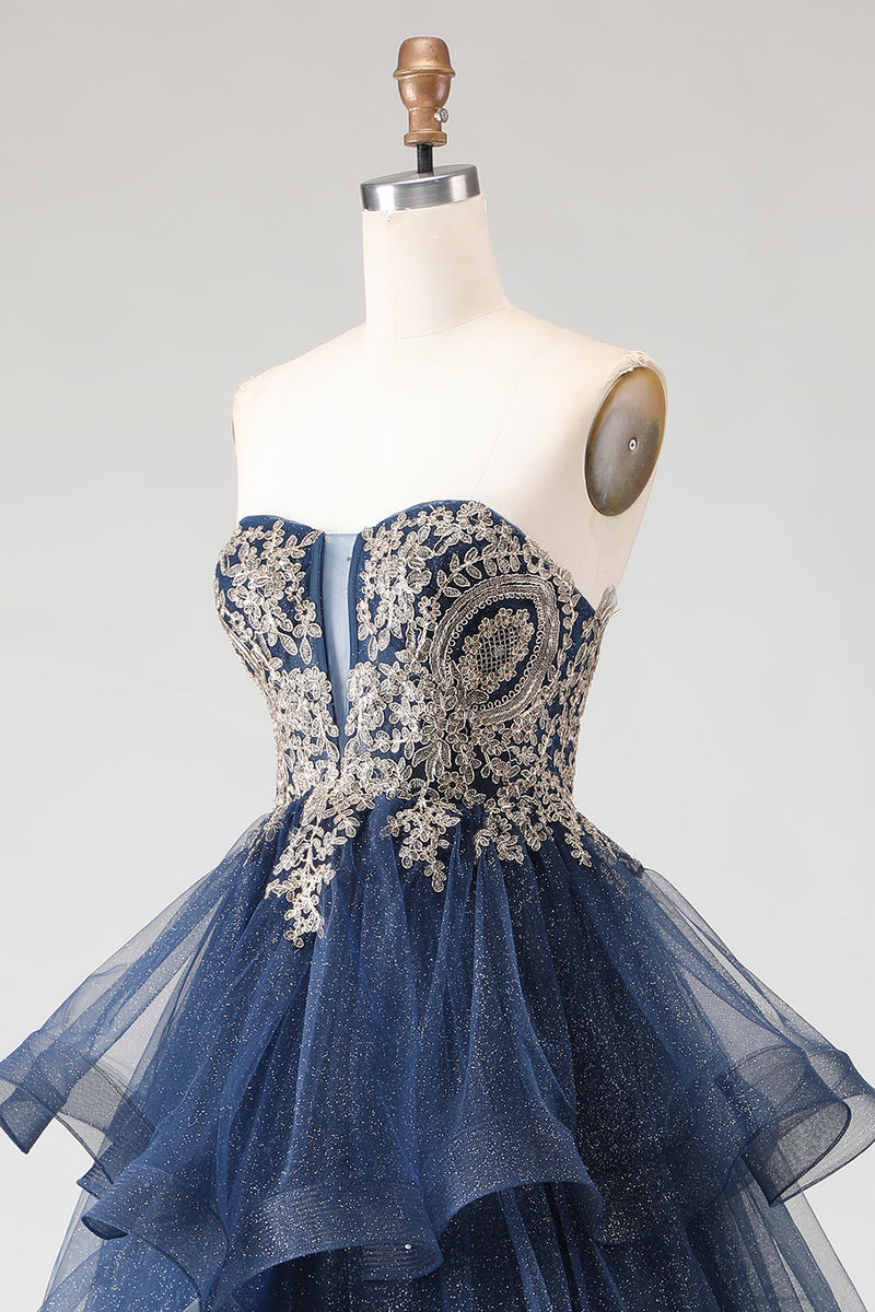 Load image into Gallery viewer, Sparkly Floral Navy Ruffled A Line Long Prom Dress with Appliques