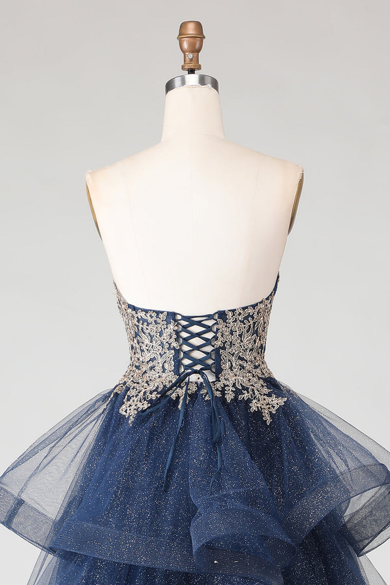 Load image into Gallery viewer, Sparkly Floral Navy Ruffled A Line Long Prom Dress with Appliques