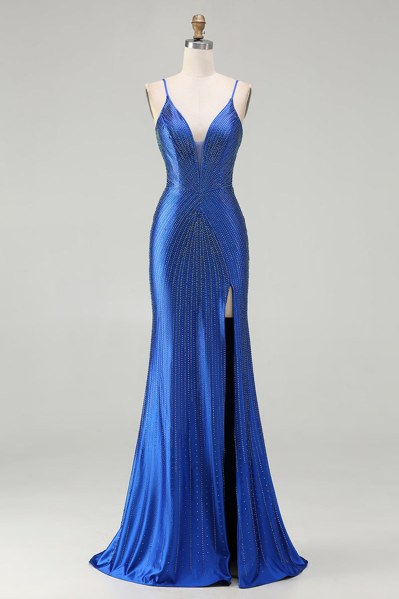 Load image into Gallery viewer, Sparkly Royal Blue Mermaid Long Satin Prom Dress with Slit