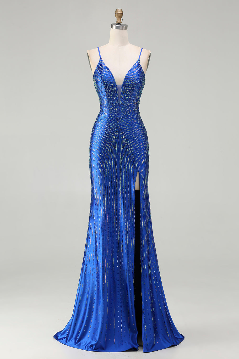 Sparkly Royal Blue Mermaid Long Satin Prom Dress with Slit