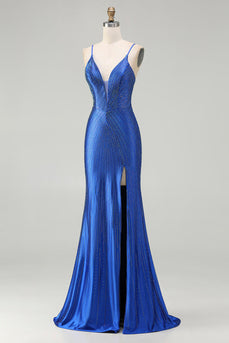 Sparkly Royal Blue Mermaid Long Satin Prom Dress with Slit