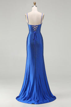 Sparkly Royal Blue Mermaid Long Satin Prom Dress with Slit