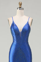 Load image into Gallery viewer, Sparkly Royal Blue Mermaid Long Satin Prom Dress with Slit