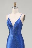 Load image into Gallery viewer, Sparkly Royal Blue Mermaid Long Satin Prom Dress with Slit