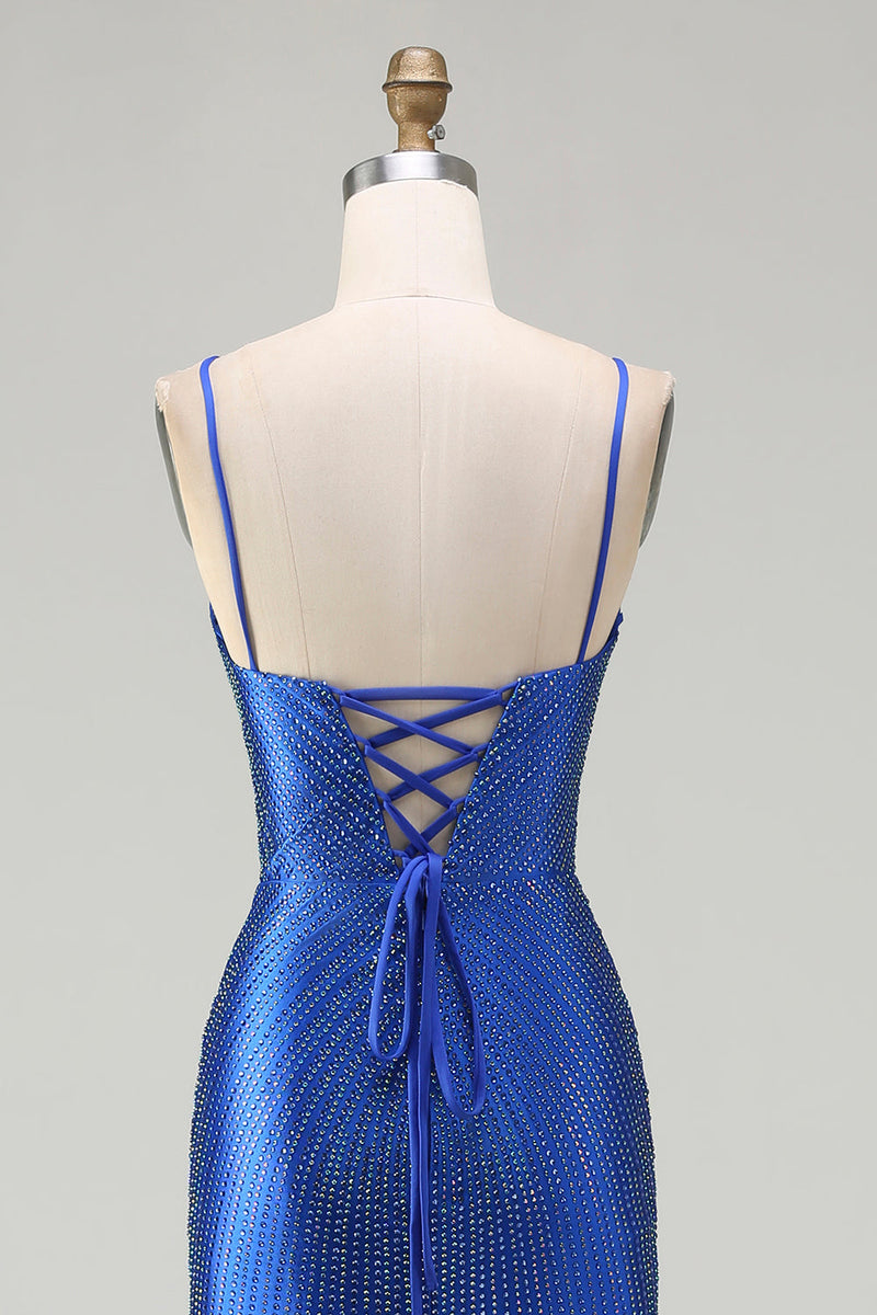 Load image into Gallery viewer, Sparkly Royal Blue Mermaid Long Satin Prom Dress with Slit